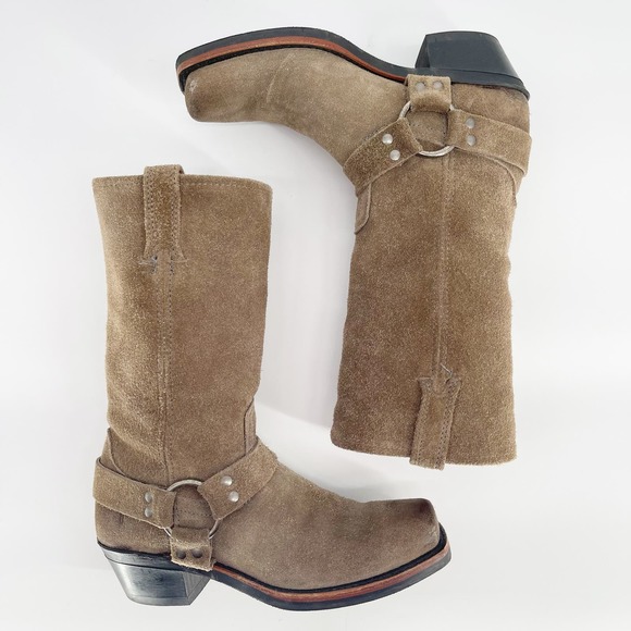 Frye Taupe Suede Leather Harness 12R Tall Square Toe Biker Boot Women's size 8.5 - Picture 3 of 12